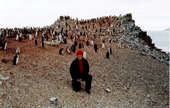 Sandi Davison, PA/Administrator, with Chinstrap Penguins on Half Moon Island, Antarctica